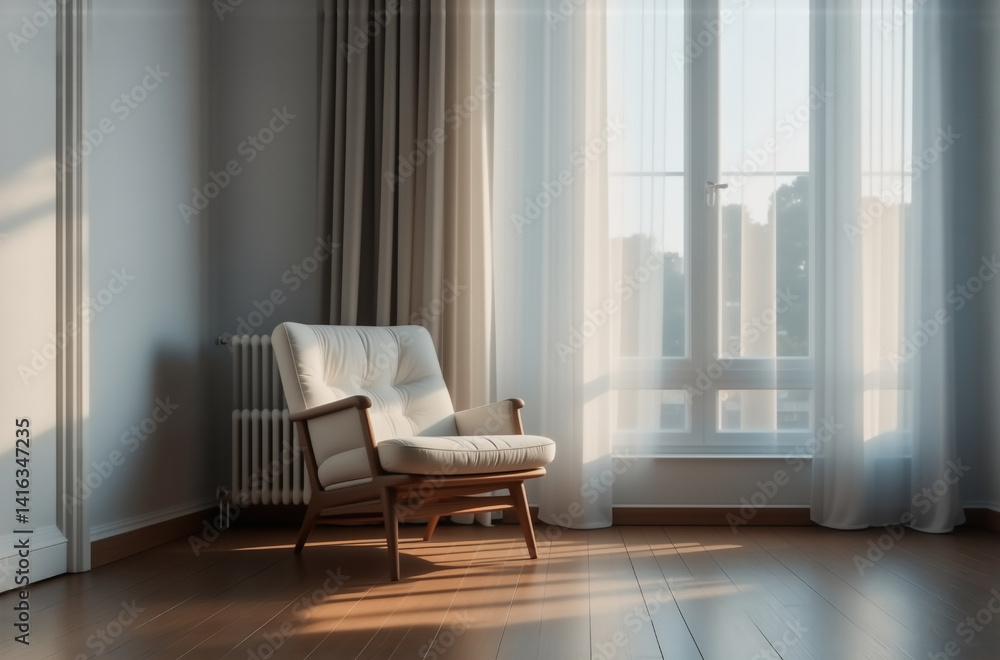 Poster Sunlight streams through sheer curtains illuminating a comfortable armchair in a minimalist room with hardwood floors.  The calm atmosphere is perfect for relaxation.