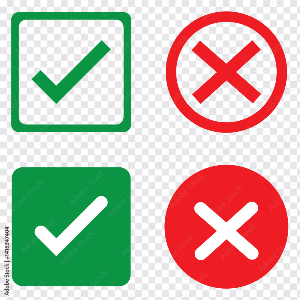 Poster green tick mark icon. green right or red wrong icons. green tick and red cross checkmarks in circle 
