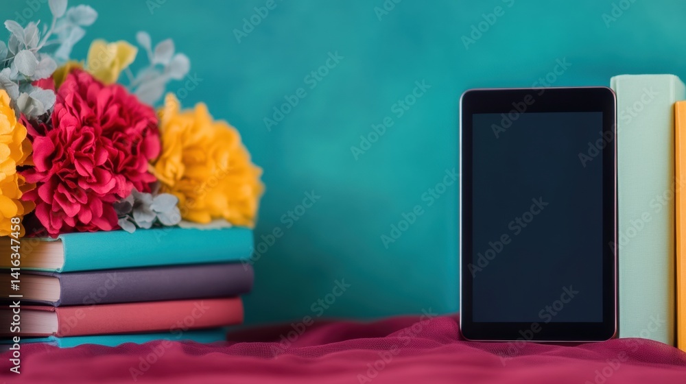 Poster a cozy workspace features a tablet next to colorful books and vibrant flowers on a soft surface, cre