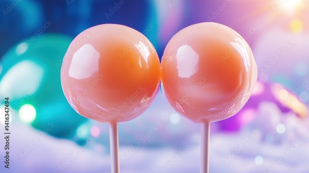 Poster bright and shiny lollipops are positioned together on sticks with a colorful, blurred backdrop creat
