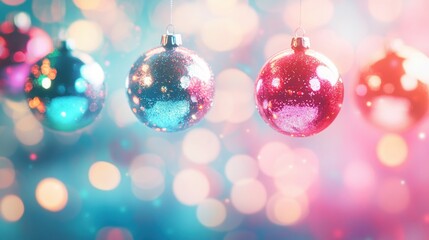 Obraz premium Sparkling ornaments hang gracefully, capturing light in a vibrant holiday atmosphere filled with joy and warmth