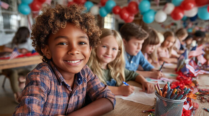 Cheerful young student enjoying a classroom activity with classmates, drawing and expressing creativity in a festive, celebratory atmosphere.