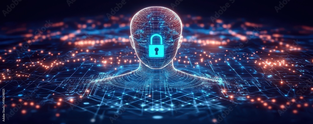 Poster a digital representation of a human figure with a padlock symbol, surrounded by glowing data network