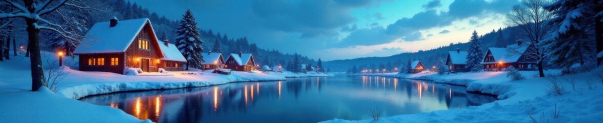 Fototapeta premium Snowy village scene with ice skaters gliding on frozen pond under starry sky , snow, frozen, christmas