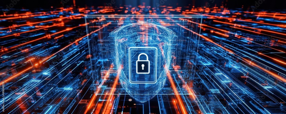 Poster a digital representation of cybersecurity, featuring a shield with a padlock amidst vibrant data str