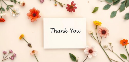 Blank beige square thank you card mockup with botanical illustrations, flat lay, copy space, copy space, texture
