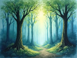 Obraz premium Serene forest pathway illuminated by soft sunlight, surrounded by lush greenery and tranquility