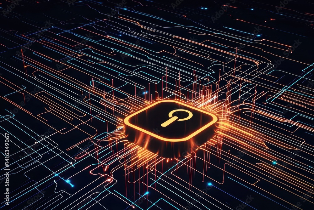 Poster a glowing key icon emerges from a network of digital lines, symbolizing cybersecurity and technology