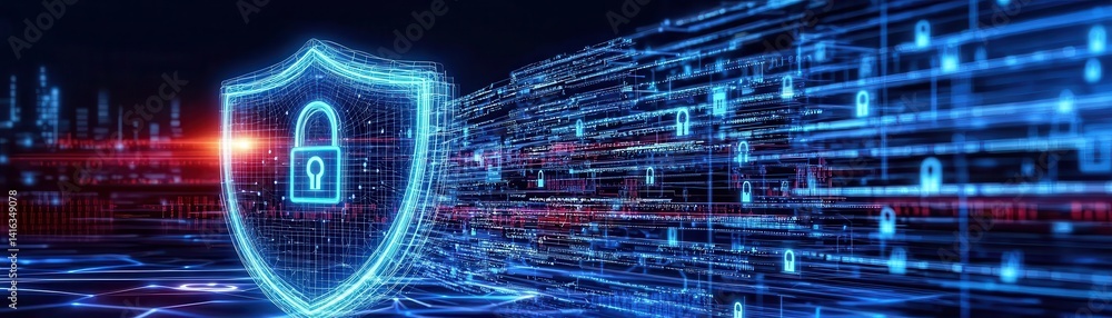 Aufkleber a digital representation of cybersecurity, featuring a shield with a padlock, symbolizing protection