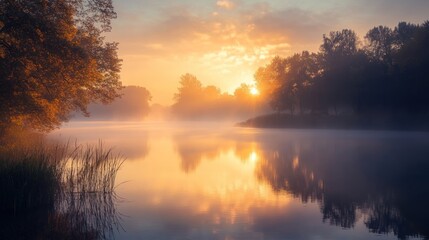 Fototapeta premium Misty sunrise over a tranquil lake with colorful autumn trees.