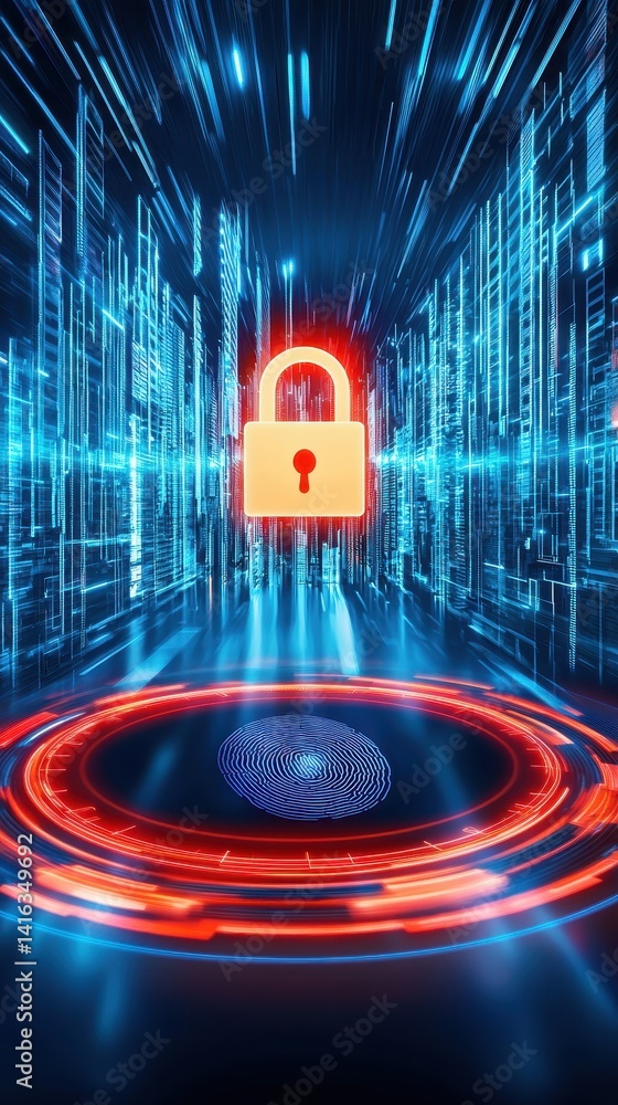 Poster a digital representation of cybersecurity featuring a padlock, glowing data streams, and a fingerpri