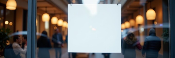 Blank white poster mockup on shop window with reflections, shop, promotion, mock-up