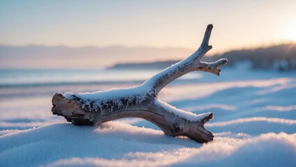 Fototapeta premium Driftwood on Snowy Beach at Sunrise a Cold Winter Day