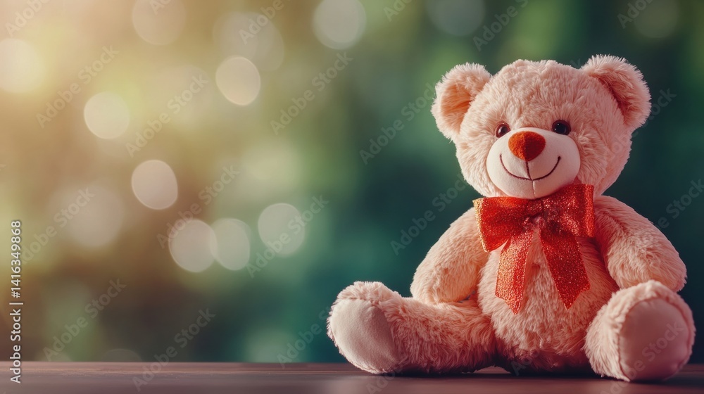 Poster a soft teddy bear with a bright bow rests on a table, illuminated by gentle light with a beautiful b