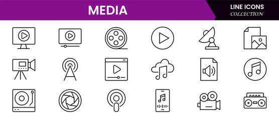 A set of line icons related to media, social networks, public media, journalism, communication, and networking. Outline icon collection. Vector illustration