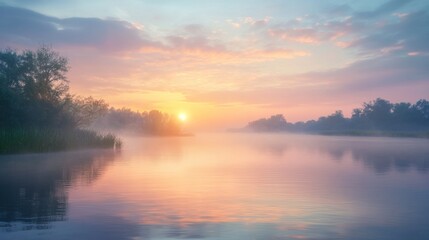 Fototapeta premium Misty sunrise over a tranquil river, with soft pastel colors reflecting on the water. Lush foliage along the riverbank.