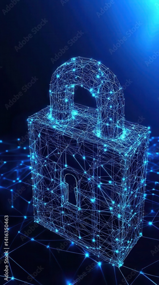 Poster a digital illustration of a glowing padlock made of interconnected lines and nodes, representing cyb