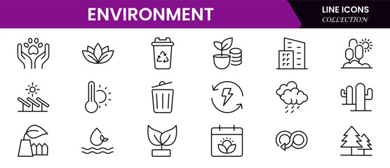 Environment icon set. Containing recycling, plant, nature, eco, earth, green energy, trees, ecology, and Vector illustration web line icon collection.