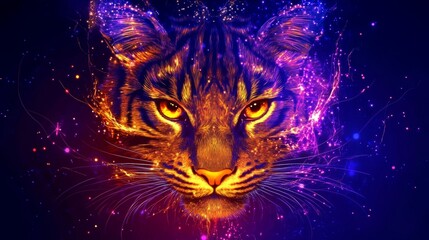 Cosmic cat guardian abstract artwork with galaxy and stardust effect in rich vibrant colors an eye-catching piece of modern digital art for backgrounds