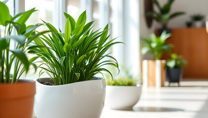 Fototapeta premium three potted plants sitting on top of a table