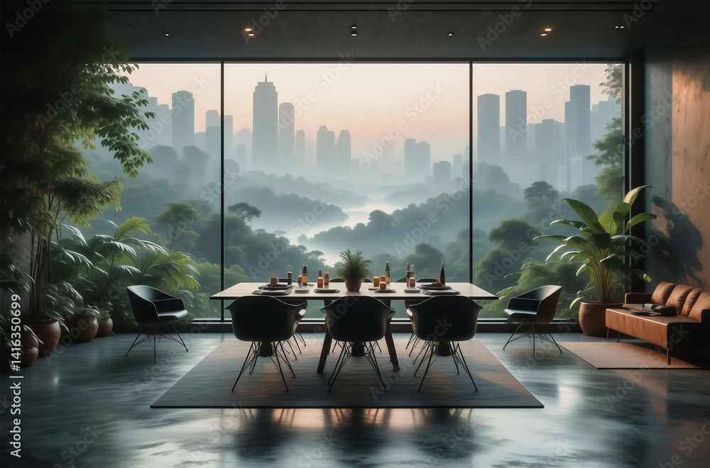 Poster a modern dining room boasts a stunning panoramic view of a misty cityscape nestled within lush green