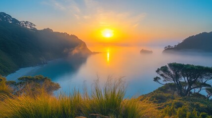 Obraz premium Misty Sunrise Over Coastal Bay.