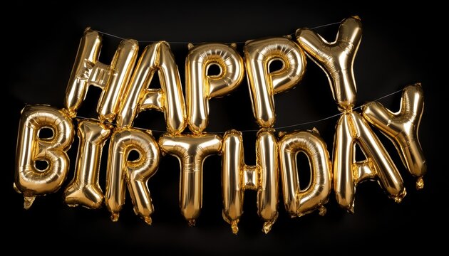 Close-up of a gold balloon garland spelling "happy birthday" on a white background.