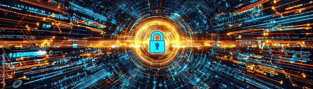 Aufkleber a digital representation of cybersecurity, featuring a padlock symbol amidst vibrant data streams an