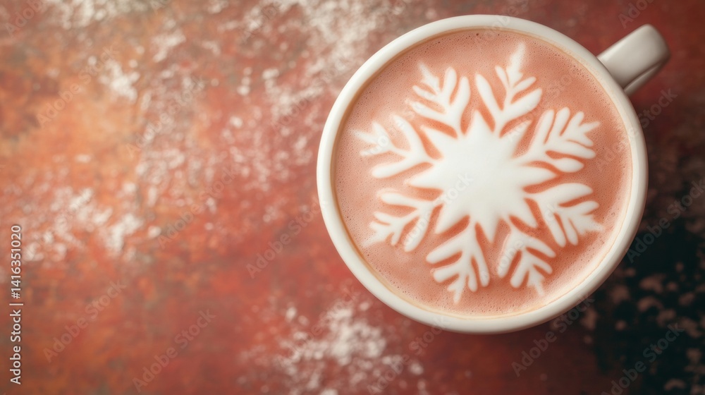 Poster a delightful cup of hot cocoa adorned with intricate snowflake latte art rests on a rustic wooden ta