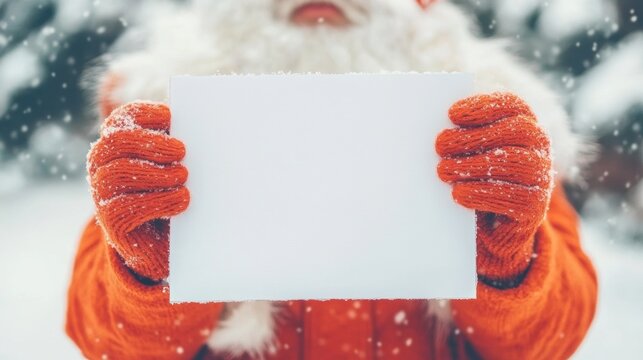 Santa Claus in a snowy environment displays a blank sign while wearing an orange coat and gloves. The setting captures a festive winter mood
