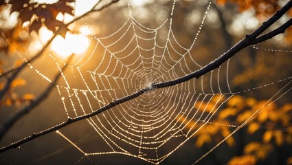 Spiderweb Covered in Dew Drops in Autumn Forest Setting at Sunrise