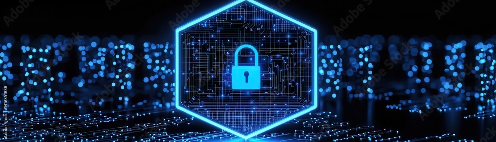 Poster a digital lock symbol surrounded by circuit patterns, representing cybersecurity and data protection