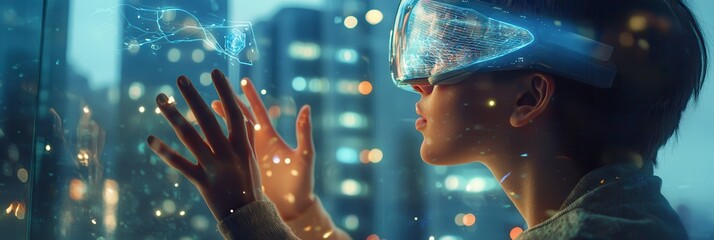 Young Woman Experiencing Immersive Virtual Reality in a Futuristic Cityscape