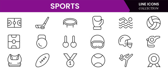 Naklejka premium Sports Icons vector illustration with thin line contain a medal, a football, a basketball, a cycling, a racket, table tennis, sparing, cardio, gym, Vector illustration web line icon collection