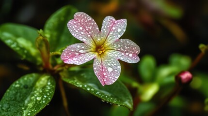 Close-up of Raindrops on a Small Flower. Delicate Petals Clinging with Nature's Intricate Beauty.