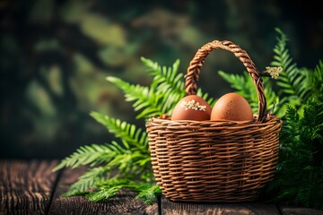 Basket of Fresh Brown Eggs Nestled Amongst Green Ferns on Wooden Surface