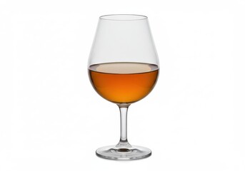 A clear glass filled with a brown liquid sits on a white background in a studio setting image shot