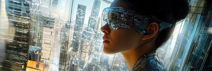 Woman in Futuristic Glasses Gazing at a Modern Cityscape