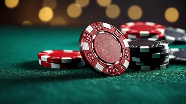 High stakes poker game with colorful chips on a green felt table at a casino