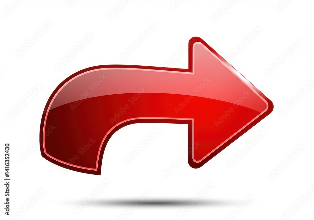 Poster a glossy red arrow curving to the left and pointing to the right on a white background with a shadow