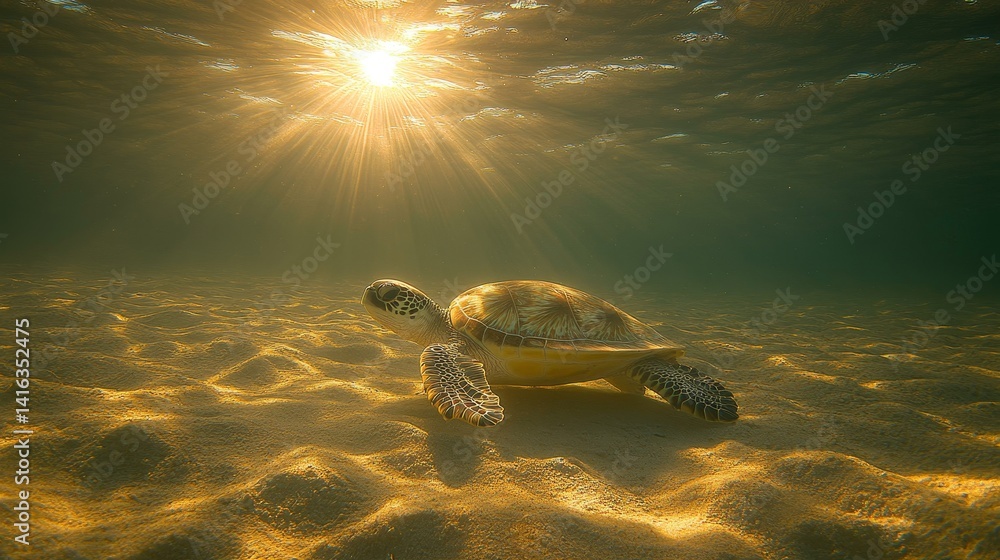 Poster underwater life with sea turtle swimming serenely through the ocean reflecting sun rays casting shim