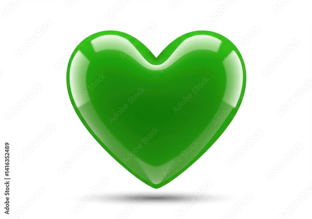 Poster a glossy green heart shape with a subtle shadow isolated on a plain white background in a studio sho