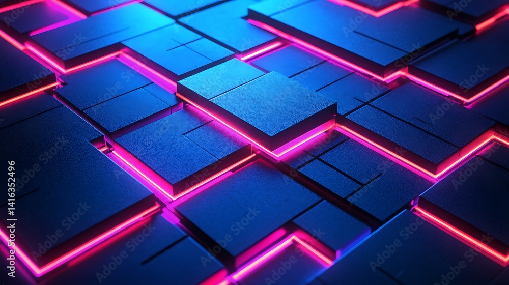 Poster glowing blue geometric abstract pattern, abstract geometric pattern with glowing blue squares and li