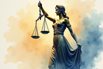 A majestic statue of Lady Justice, blindfolded, holding scales, amidst a colorful, abstract background