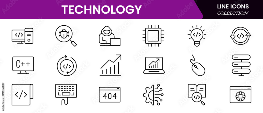 Poster technology line icons collection. thin outline icons pack. ui icon collection. a set of line web pic