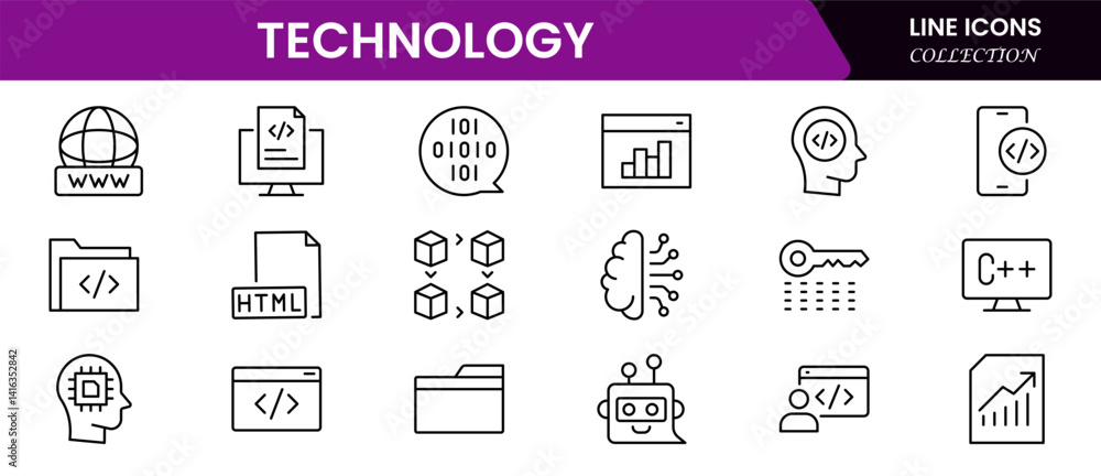 Poster technology line icons collection. thin outline icons pack. ui icon collection. a set of line web pic