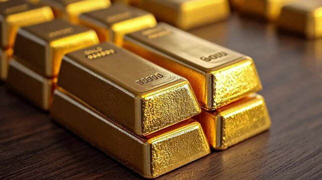 Gold bars arranged on a wooden surface showcasing their brilliance and weight at a secure depository