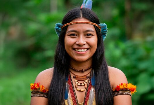 Portrait of an indigenous woman from a South American tribe. AI generative
