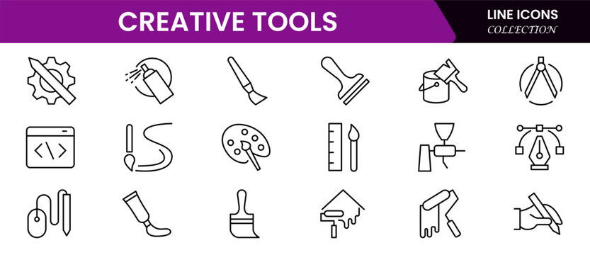 Creative Tools icon set Icon Collection. Includes art, blueprint, camera, canvas, color sample, and More. Outline icons vector collection.