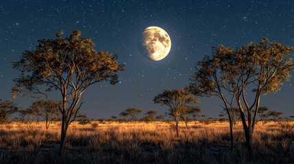 Serene Night Landscape with Full Moon Illuminating Grassland and Silhouetted Trees Under Starry Sky